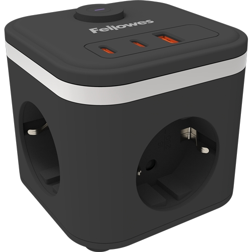 Cubo multipresa da tavolo Fellowes con 3 prese da 230 V + 2x USB-C 20 W max. - 1x USB-A 18 W max. - Cavo da 2 m - Interruttore on/off - Nero