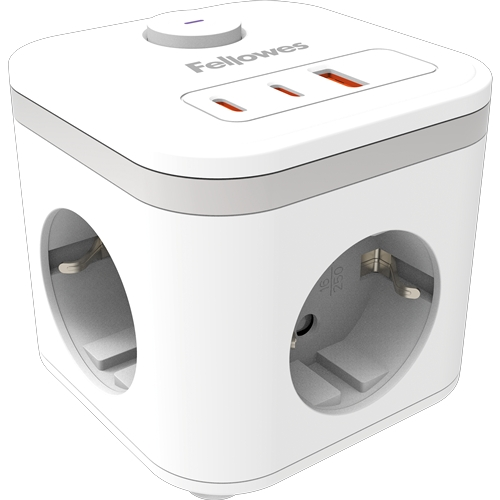 Cubo multipresa da tavolo Fellowes con 3 prese da 230 V + 2x USB-C 20 W max. - 1x USB-A 18 W max. - Cavo da 2 m - Interruttore on/off - Bianco
