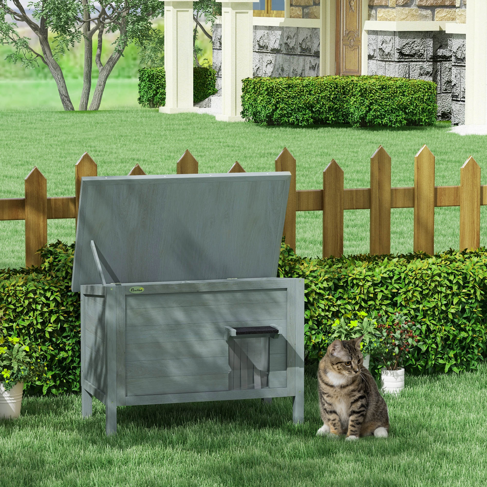 Cuccia per gatti da esterno Pawhut in legno rialzata con tetto apribile, isolamento con tetto in asfalto, 85 x 50 x 68,5 cm, grigio scuro e nero