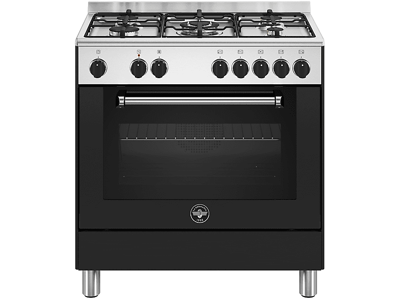 CUCINA LA GERMANIA AMN855ENEV/24, a libera installazione, piano cottura Gas, 5 fuochi, Funzione aria calda, Dimensioni: L 80 cm, A 85,3 P 50 Nero; Design cottura: stampato in acciaio inox; Comandi Manopole; Manopole: Soft touch.