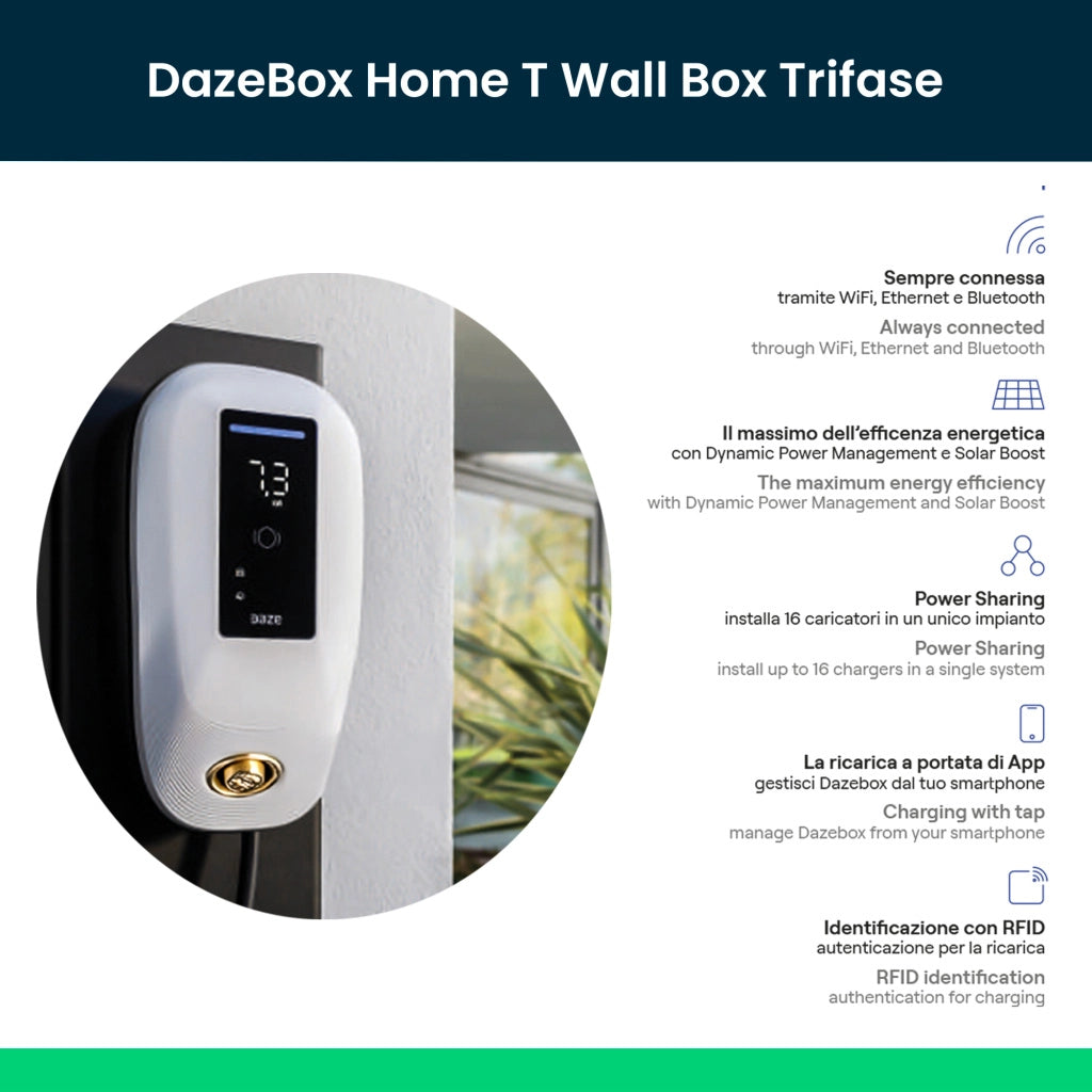 Daze Stazione di Ricarica Dazebox Home T 22.2kW Trifase 32A, IP55 IK10, WiFi e Bluetooth, Wall Box Bianco con Schermo, 3 Tessere RFID Incluse, Cavo Tipo 2 Lunghezza 5m DBT22