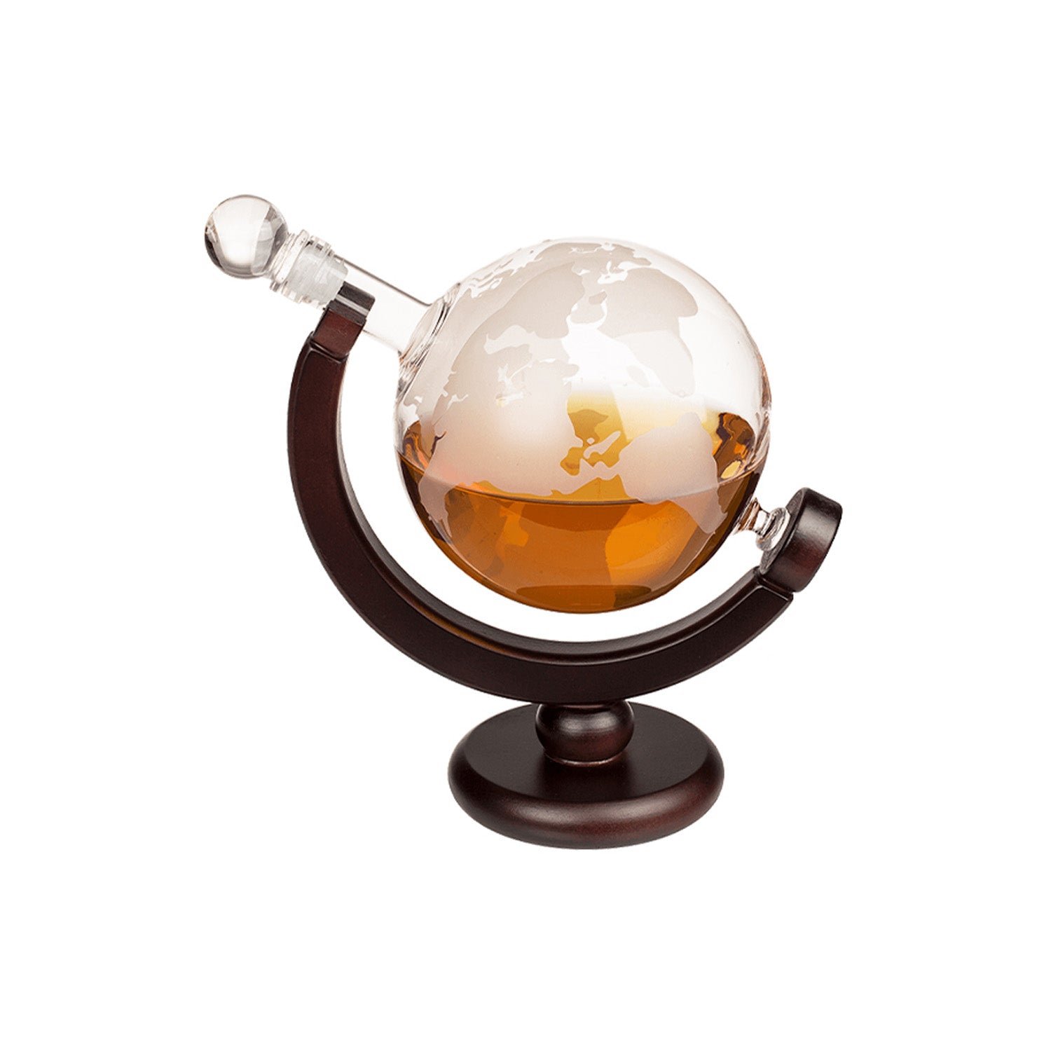 Decanter Liquore A Forma Di Globo Con 2 Bicchieri In Vetro Su Supporto In Legno 850ml