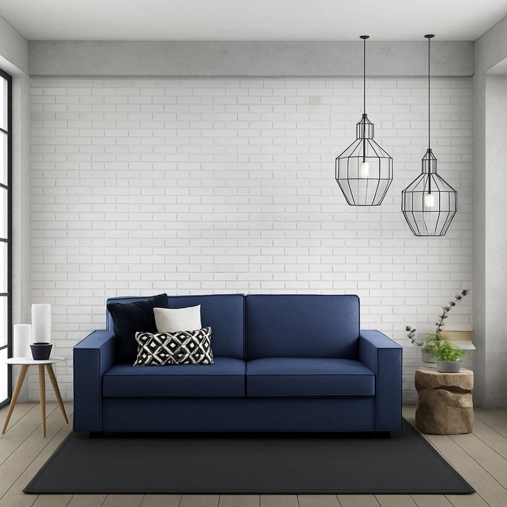 Divano fisso Abernathy, Divano a 3 posti, Made in Italy, Sofà Soggiorno in tessuto, con Braccioli slim, cm 200x95h90, Blu