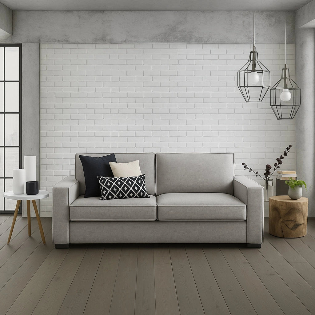 Divano fisso Abernathy, Divano a 3 posti, Made in Italy, Sofà Soggiorno in tessuto, con Braccioli slim, cm 200x95h90, Grigio