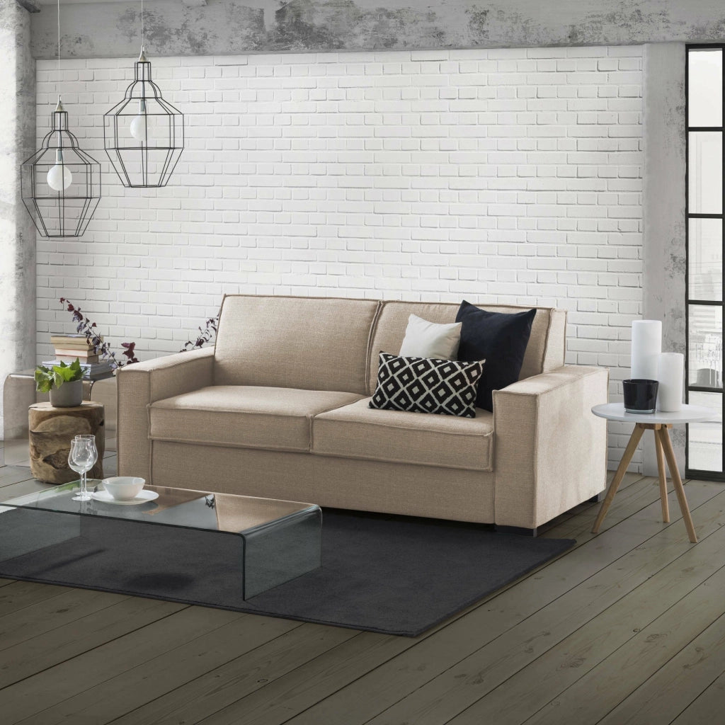 Divano fisso Abernathy, Divano a 3 posti, Made in Italy, Sofà Soggiorno in tessuto, con Braccioli slim, cm 200x95h90, Beige