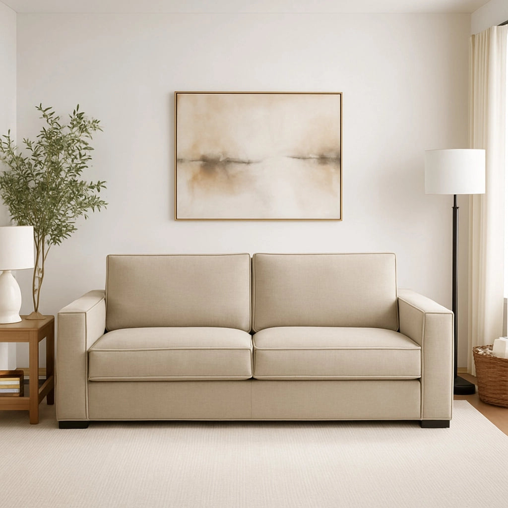 Divano fisso Aglientu, Divano a 2 posti, Made in Italy, Sofà Soggiorno in tessuto, con Braccioli slim, cm 160x95h90, Beige