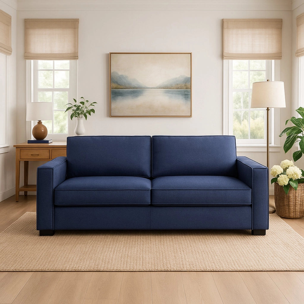 Divano fisso Aglientu, Divano a 2 posti, Made in Italy, Sofà Soggiorno in tessuto, con Braccioli slim, cm 160x95h90, Blu