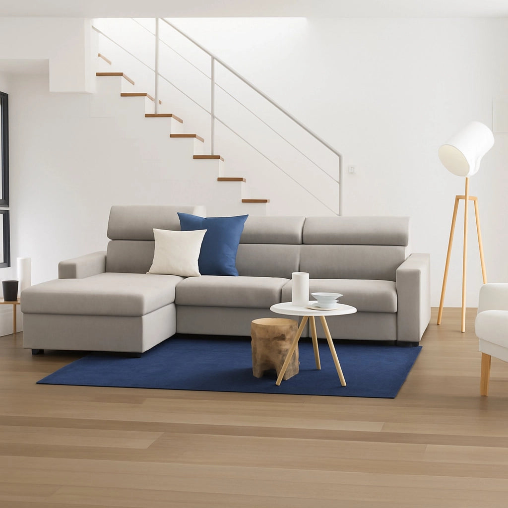 Divano fisso Akela, Divano ad angolo, Made in Italy, Sofà Soggiorno con chaise longue, in tessuto imbottito - Penisola contenitore Sinistra, con Braccioli standard, cm 280x95h85, Tortora