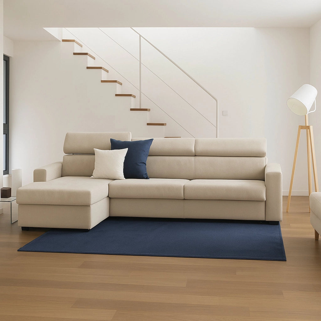 Divano fisso Akela, Divano ad angolo, Made in Italy, Sofà Soggiorno con chaise longue, in tessuto imbottito - Penisola contenitore Sinistra, con Braccioli standard, cm 280x95h85