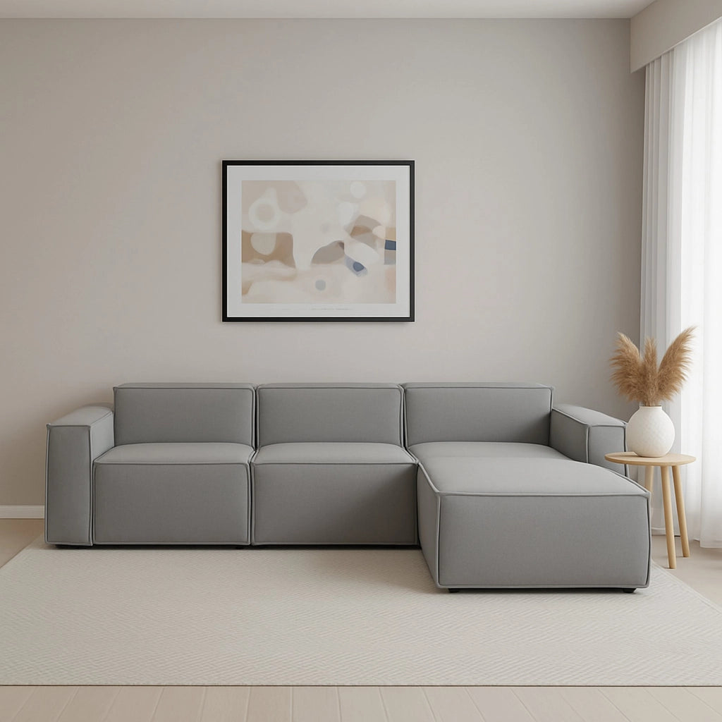 Divano fisso Ananas, Divano componibile a 3 posti con penisola destra, Made in Italy, Sofà moderno in tessuto, Cm 300x170h70, Grigio