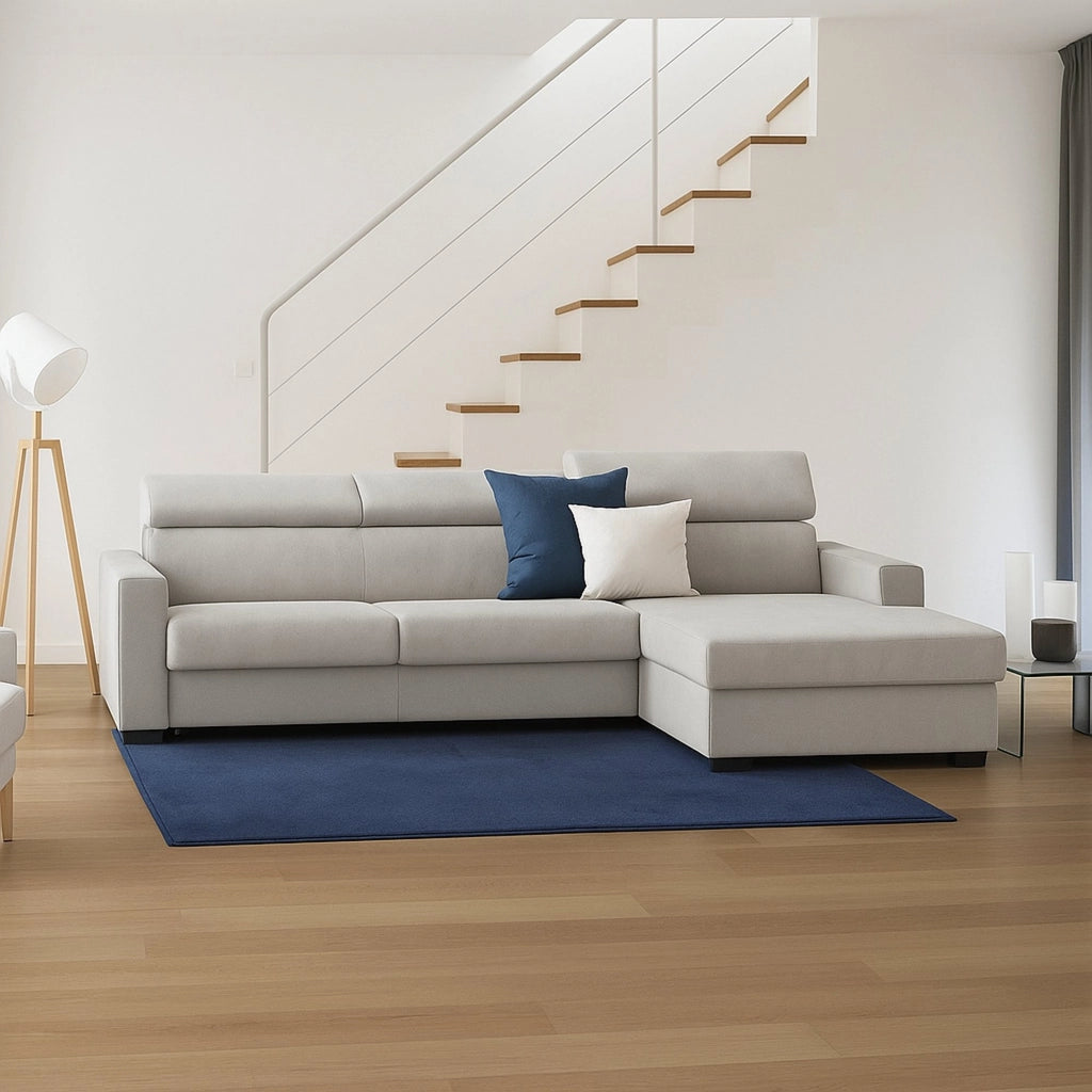 Divano fisso Angera, Divano ad angolo, Made in Italy, Sofà Soggiorno con chaise longue, in tessuto imbottito - Penisola contenitore Destra, con Braccioli slim, cm 280x95h85, Grigio