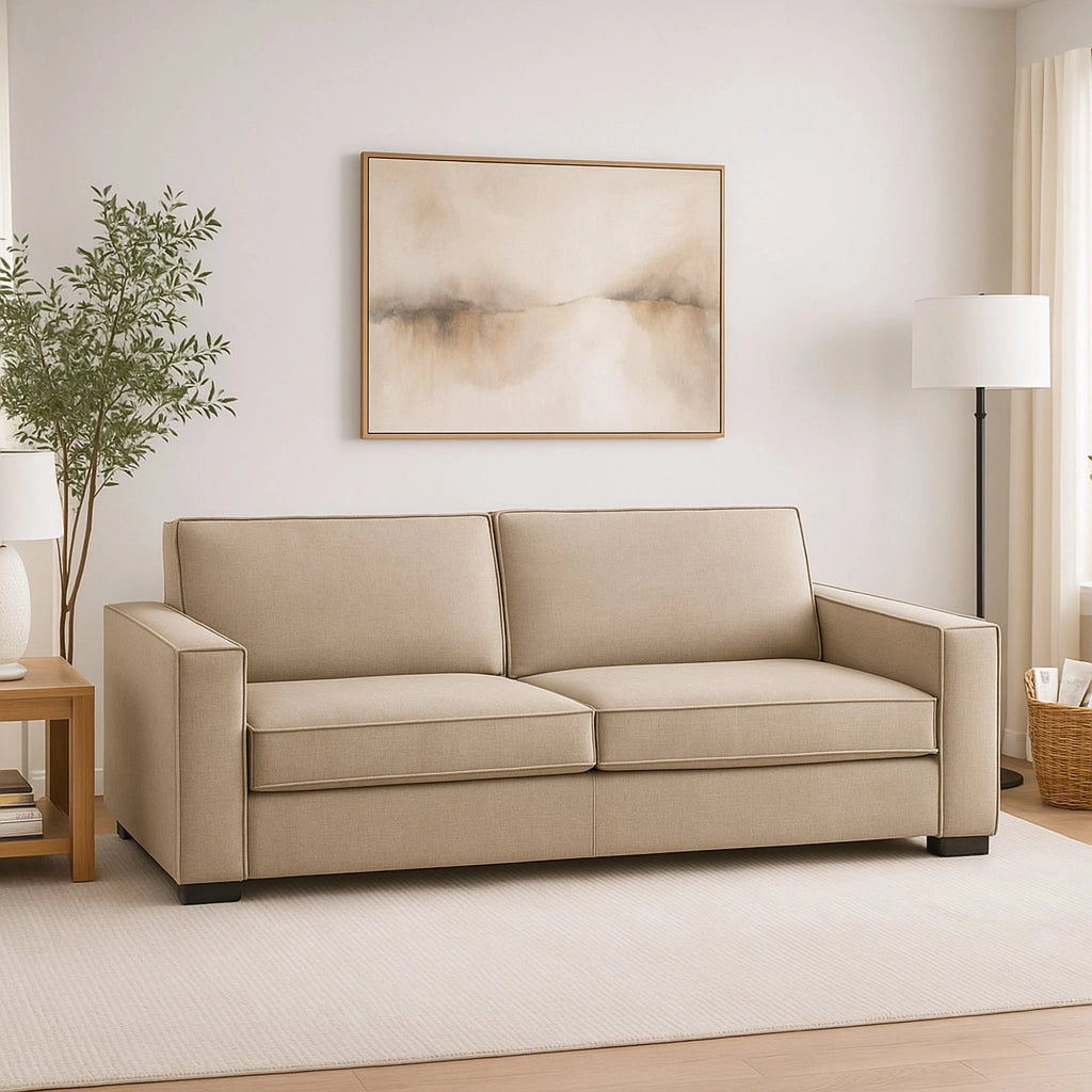 Divano fisso Arki, Divano a 2 posti, Made in Italy, Sofà Soggiorno in tessuto, con Braccioli standard, cm 180x95h90, Beige