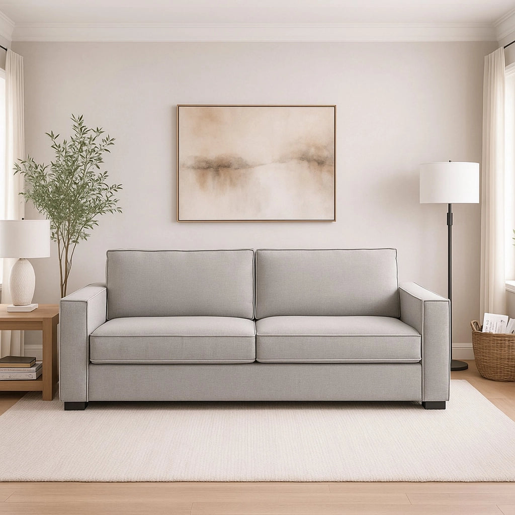 Divano fisso Arki, Divano a 2 posti, Made in Italy, Sofà Soggiorno in tessuto, con Braccioli standard, cm 180x95h90, Grigio