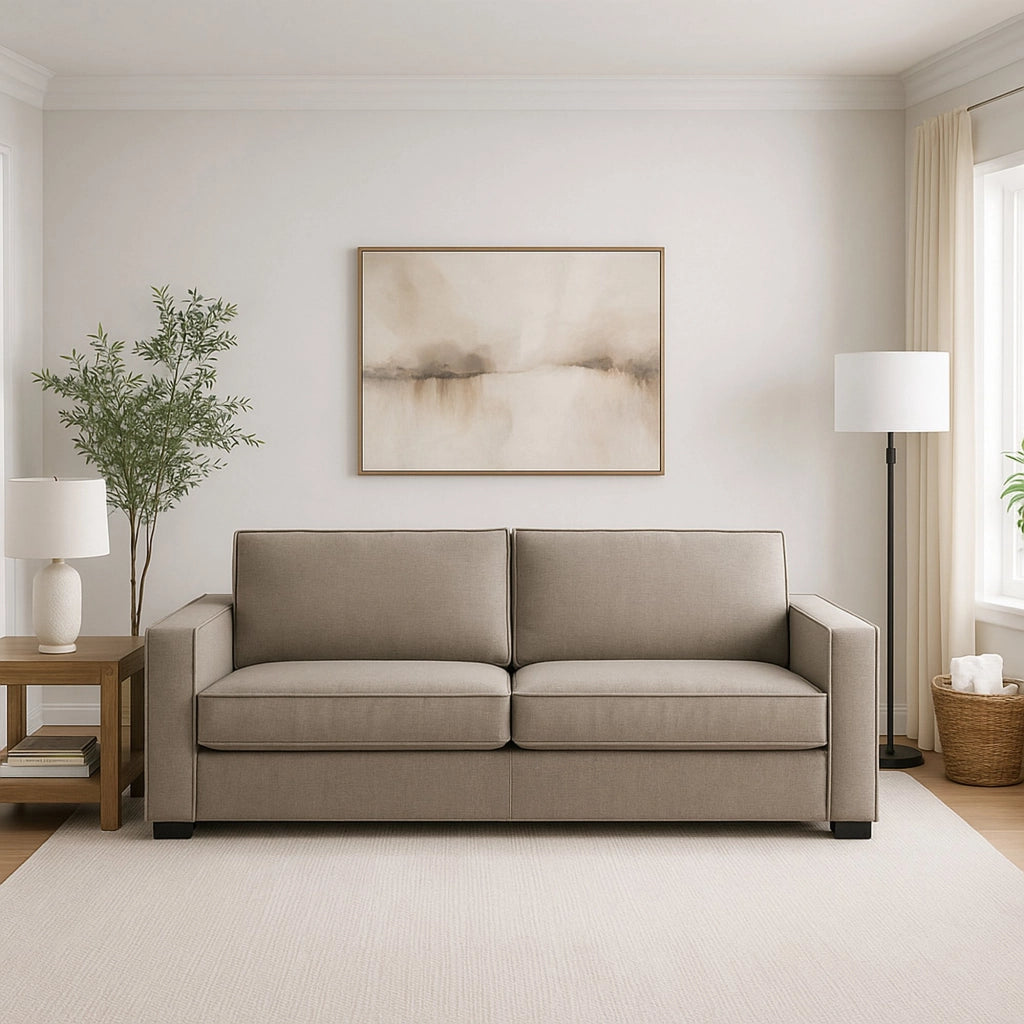 Divano fisso Arki, Divano a 2 posti, Made in Italy, Sofà Soggiorno in tessuto, con Braccioli standard, cm 180x95h90, Tortora