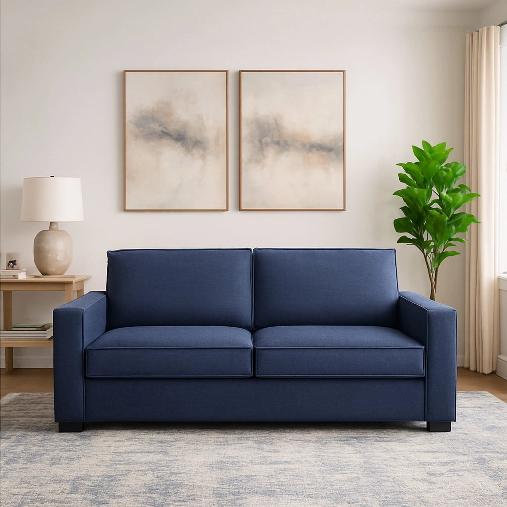 Divano fisso Arki, Divano a 2 posti, Made in Italy, Sofà Soggiorno in tessuto, con Braccioli standard, cm 180x95h90, Blu