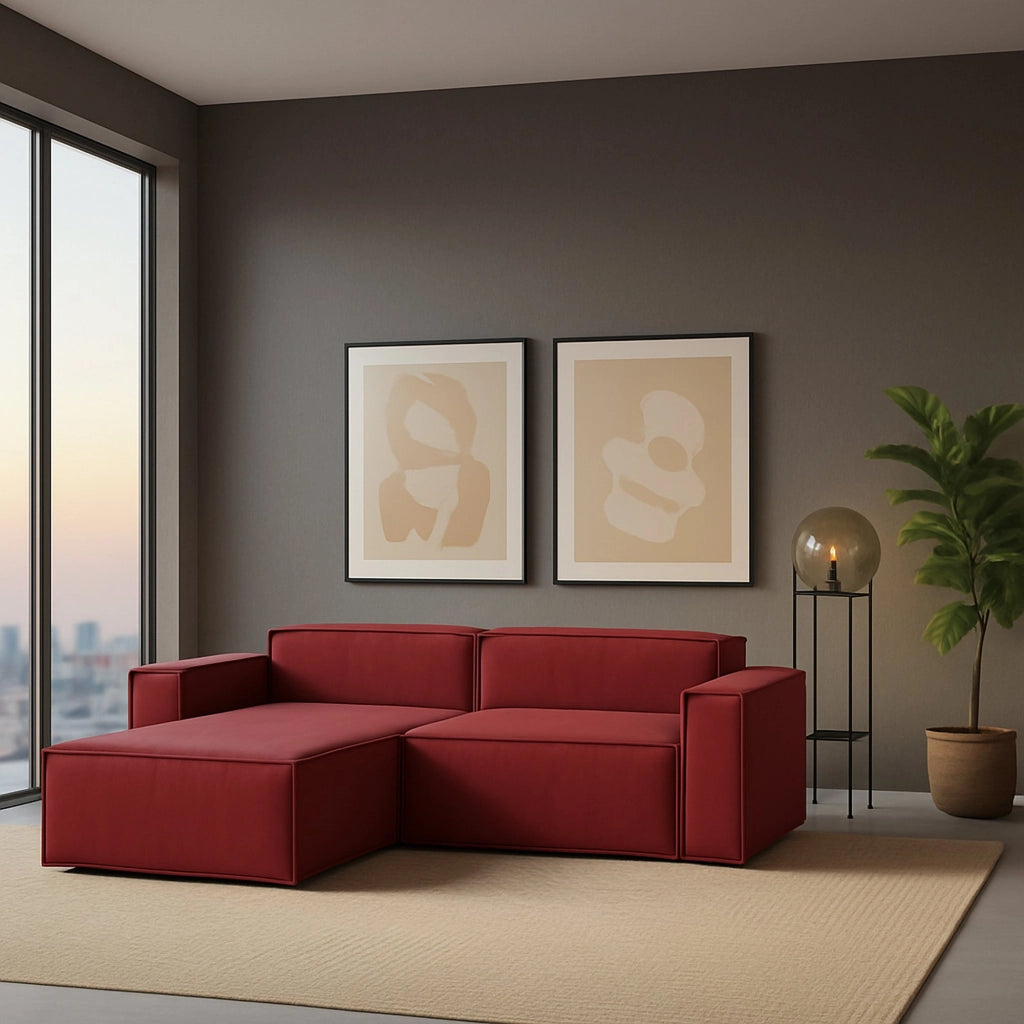 Divano fisso Assurte, Divano componibile a 2 posti large con penisola sinistra, Made in Italy, Sofà moderno in tessuto, Cm 240x170h70, Rosso
