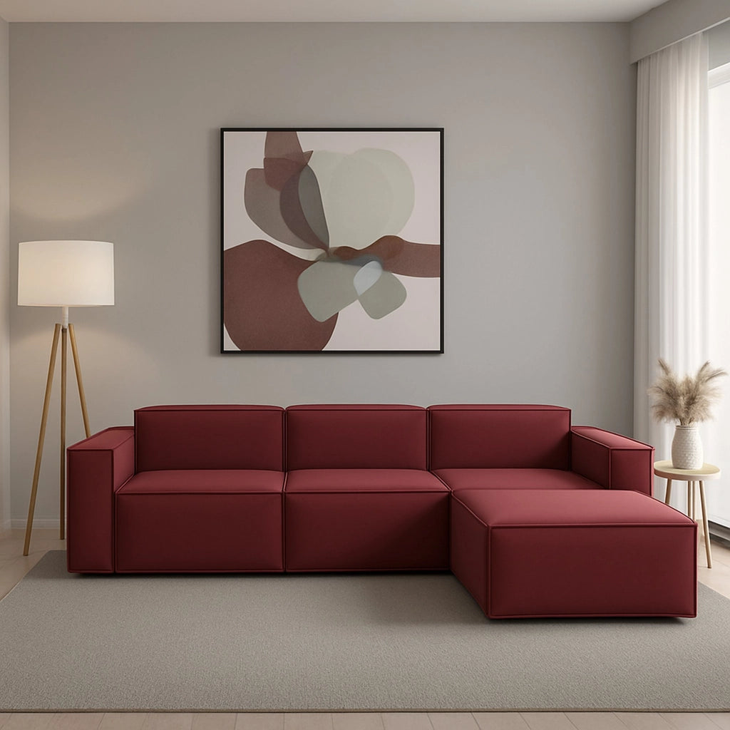 Divano fisso Asvaldo, Divano componibile a 4 posti con penisola destra, Made in Italy, Sofà moderno in tessuto, Cm 340x170h70, Rosso