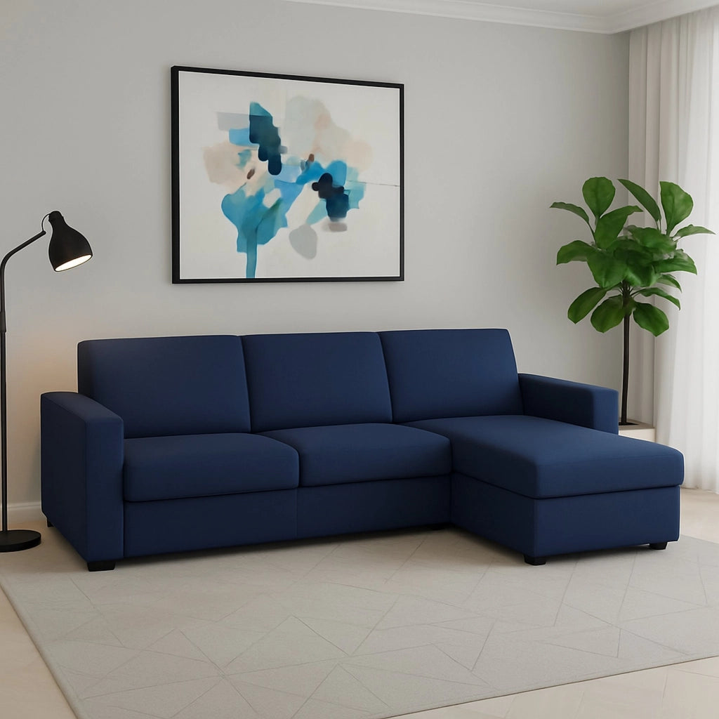 Divano fisso Atos, Divano ad angolo, Made in Italy, Sofà Soggiorno, con Penisola contenitore reversibile, in tessuto imbottito, con Braccioli standard, cm 280x95h90, Blu