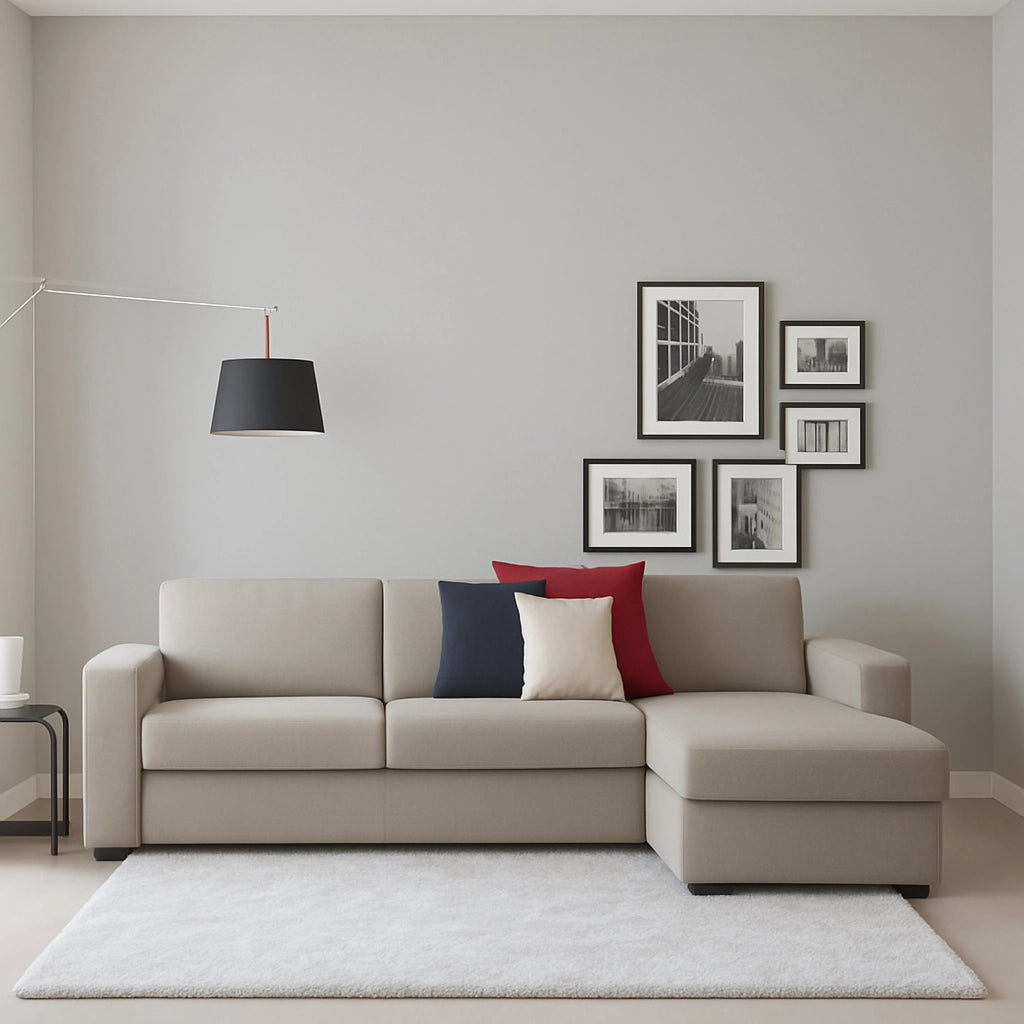 Divano fisso Atos, Divano ad angolo, Made in Italy, Sofà Soggiorno, con Penisola contenitore reversibile, in tessuto imbottito, con Braccioli standard, cm 280x95h90, Tortora