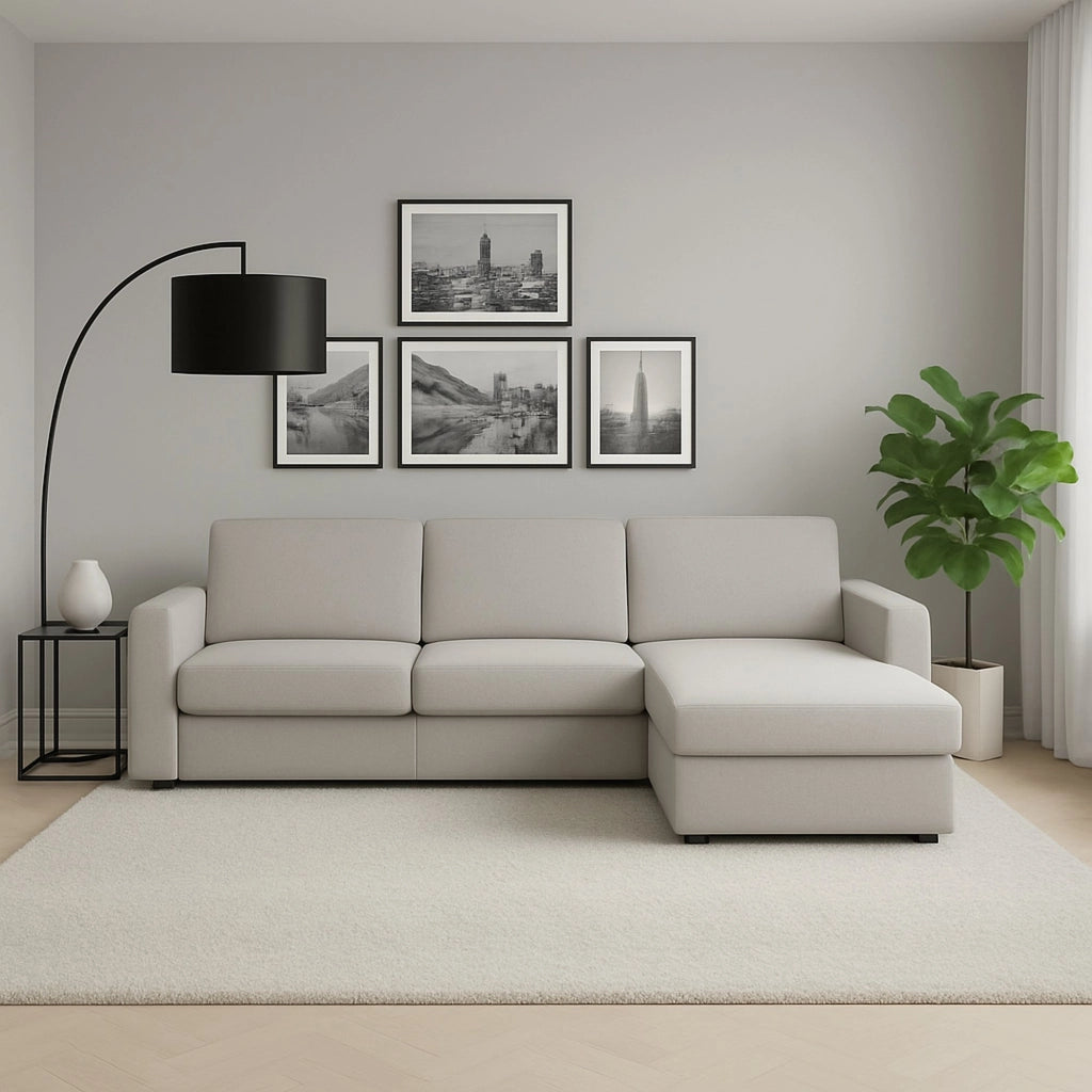 Divano fisso Atos, Divano ad angolo, Made in Italy, Sofà Soggiorno, con Penisola contenitore reversibile, in tessuto imbottito, con Braccioli standard, cm 280x95h90, Grigio