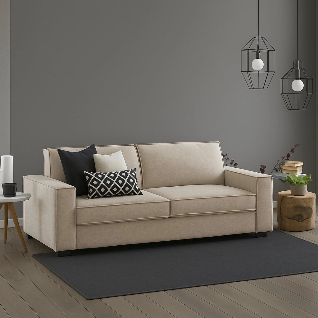 Divano fisso Ayramah, Divano a 2 posti Large, Made in Italy, Sofà Soggiorno in tessuto, con Braccioli slim, cm 180x95h90, Beige