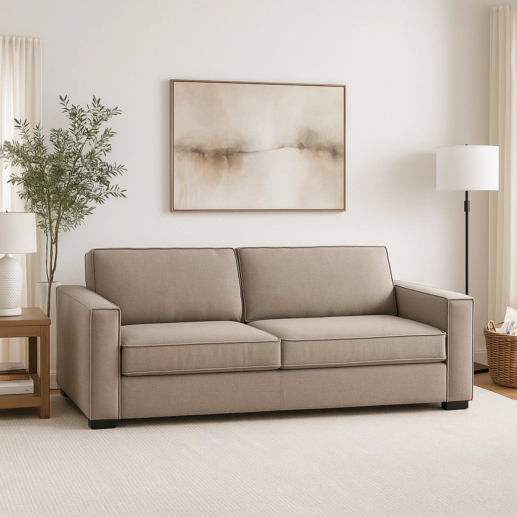 Divano fisso Ayramah, Divano a 2 posti Large, Made in Italy, Sofà Soggiorno in tessuto, con Braccioli slim, cm 180x95h90, Tortora