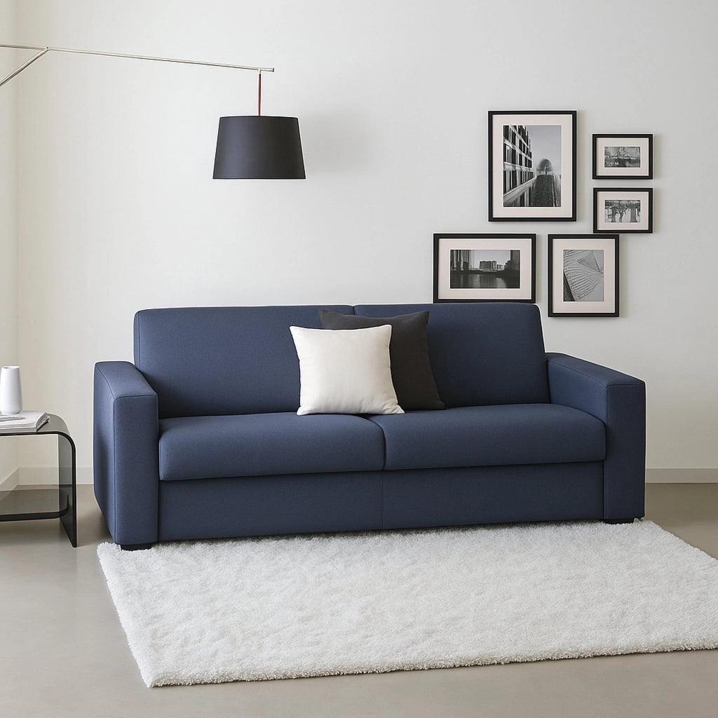 Divano fisso Ayta, Divano a 3 posti, Made in Italy, Sofà Soggiorno in tessuto imbottito, con Braccioli standard, cm 220x95h90, Blu