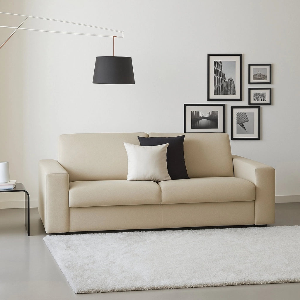 Divano fisso Ayta, Divano a 3 posti, Made in Italy, Sofà Soggiorno in tessuto imbottito, con Braccioli standard, cm 220x95h90, Beige