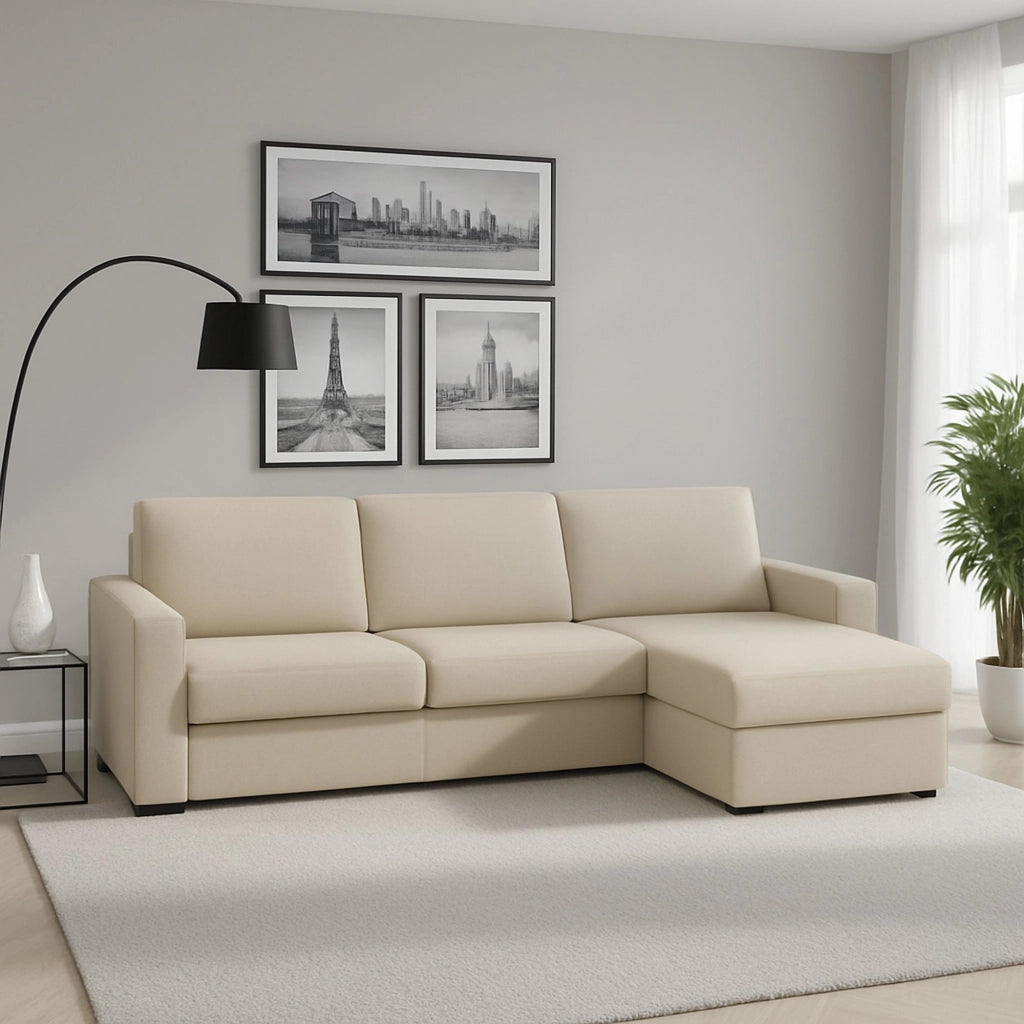 Divano fisso Azechiele, Divano ad angolo, Made in Italy, Sofà Soggiorno, con Penisola contenitore reversibile, in tessuto imbottito, con Braccioli slim, cm 260x95h90, Beige