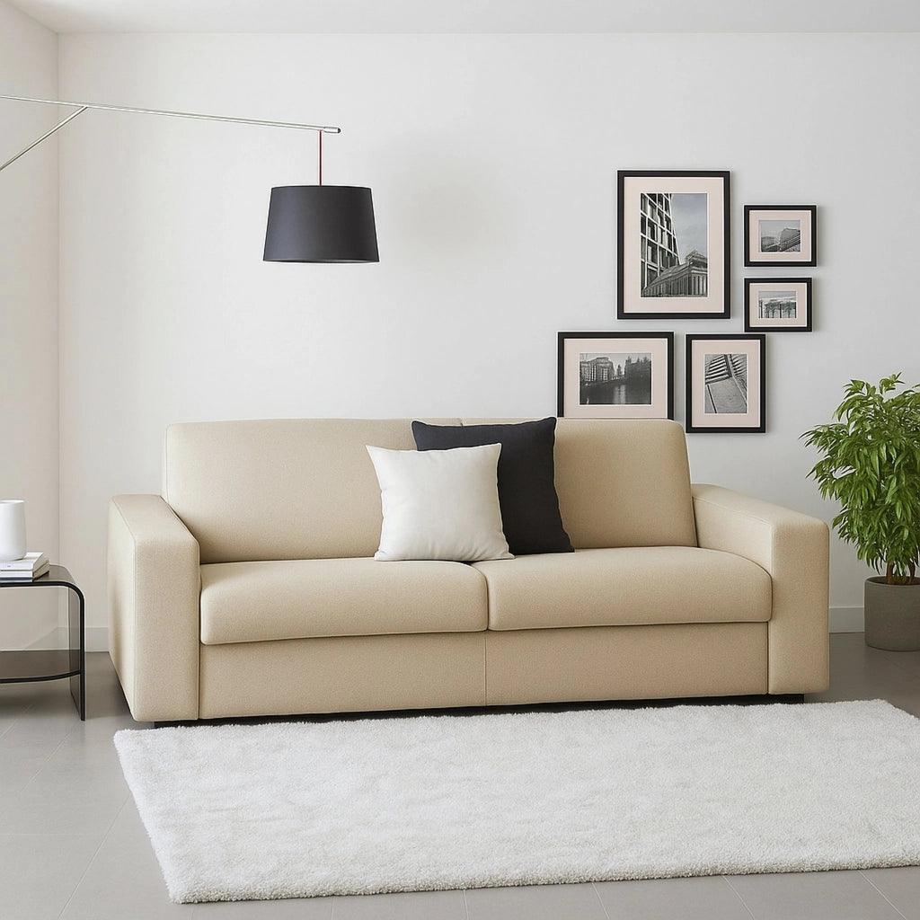 Divano fisso Azier, Divano a 2 posti Large, Made in Italy, Sofà Soggiorno in tessuto imbottito, con Braccioli standard, cm 200x95h90, Beige
