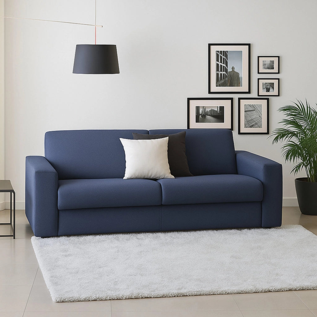Divano fisso Azier, Divano a 2 posti Large, Made in Italy, Sofà Soggiorno in tessuto imbottito, con Braccioli standard, cm 200x95h90, Blu