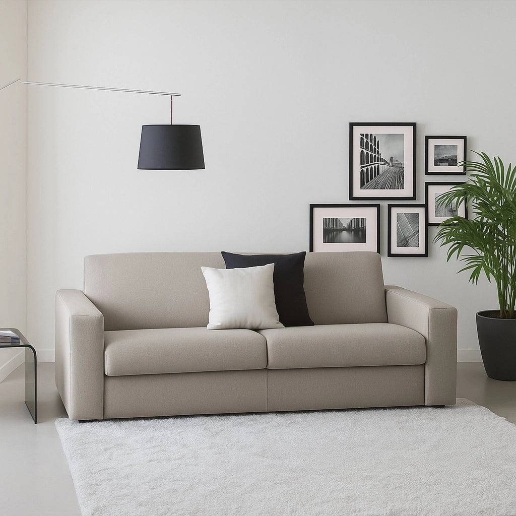 Divano fisso Azier, Divano a 2 posti Large, Made in Italy, Sofà Soggiorno in tessuto imbottito, con Braccioli standard, cm 200x95h90, Tortora
