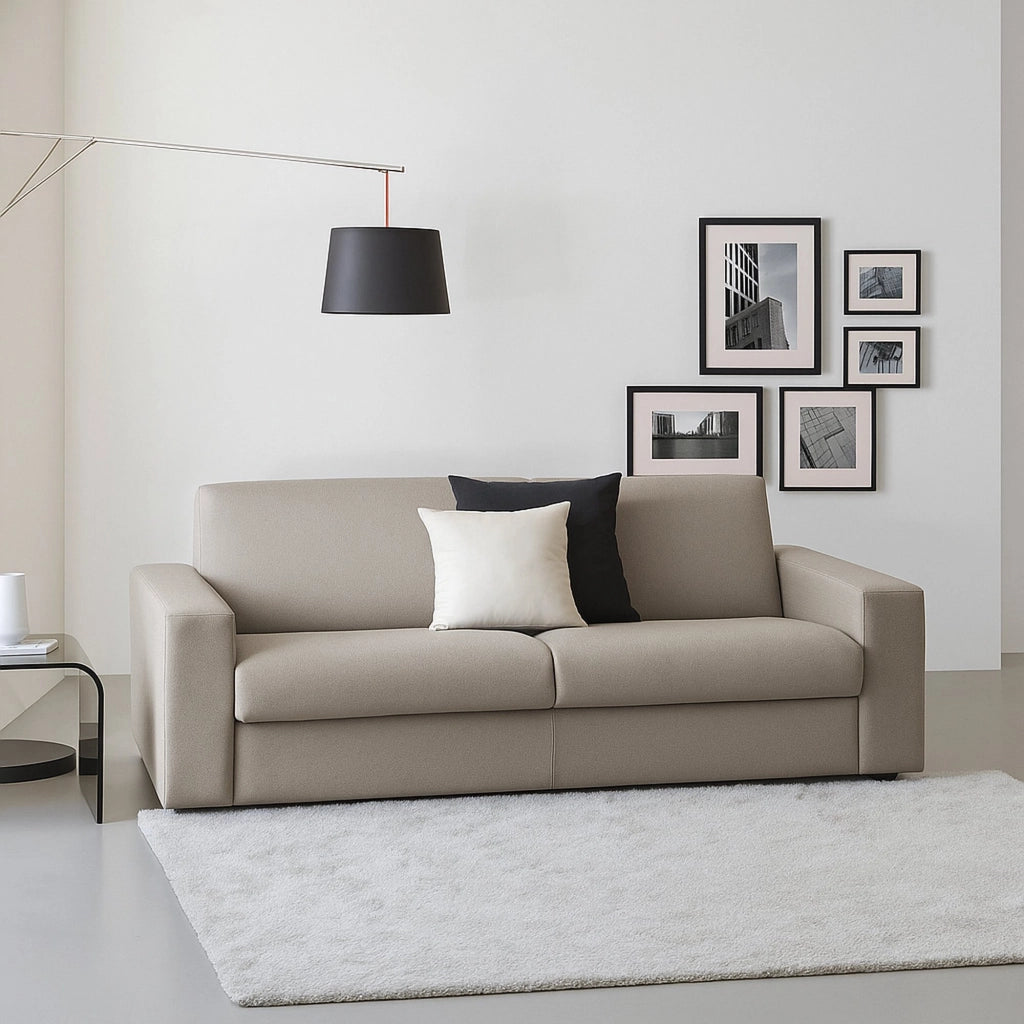 Divano fisso Azzurrite, Divano a 2 posti, Made in Italy, Sofà Soggiorno in tessuto imbottito, con Braccioli standard, cm 180x95h90, Tortora