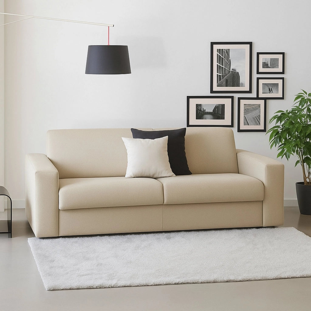 Divano fisso Cianite, Divano a 2 posti Large, Made in Italy, Sofà Soggiorno, in tessuto imbottito, con Braccioli slim, cm 180x95h90, Beige