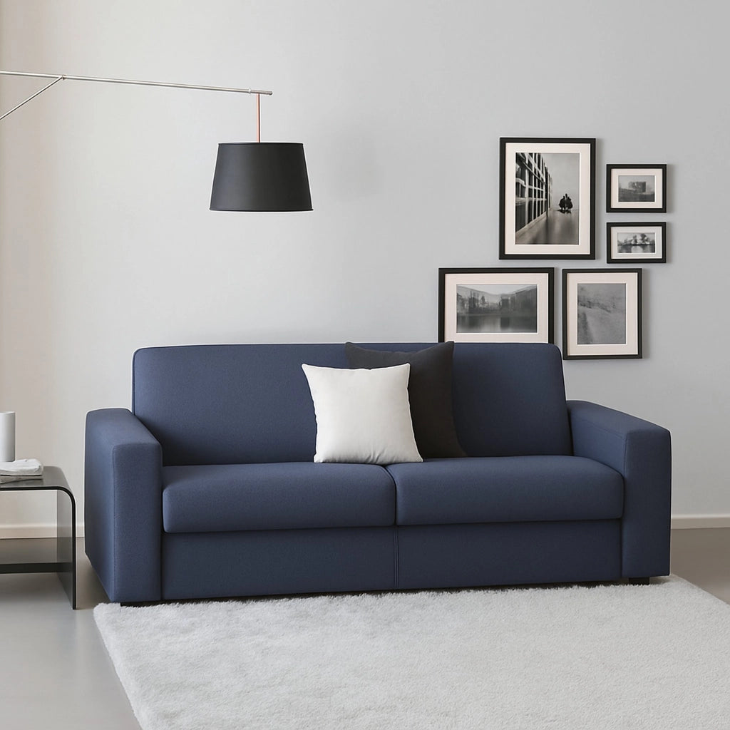 Divano fisso Cianite, Divano a 2 posti Large, Made in Italy, Sofà Soggiorno, in tessuto imbottito, con Braccioli slim, cm 180x95h90, Blu