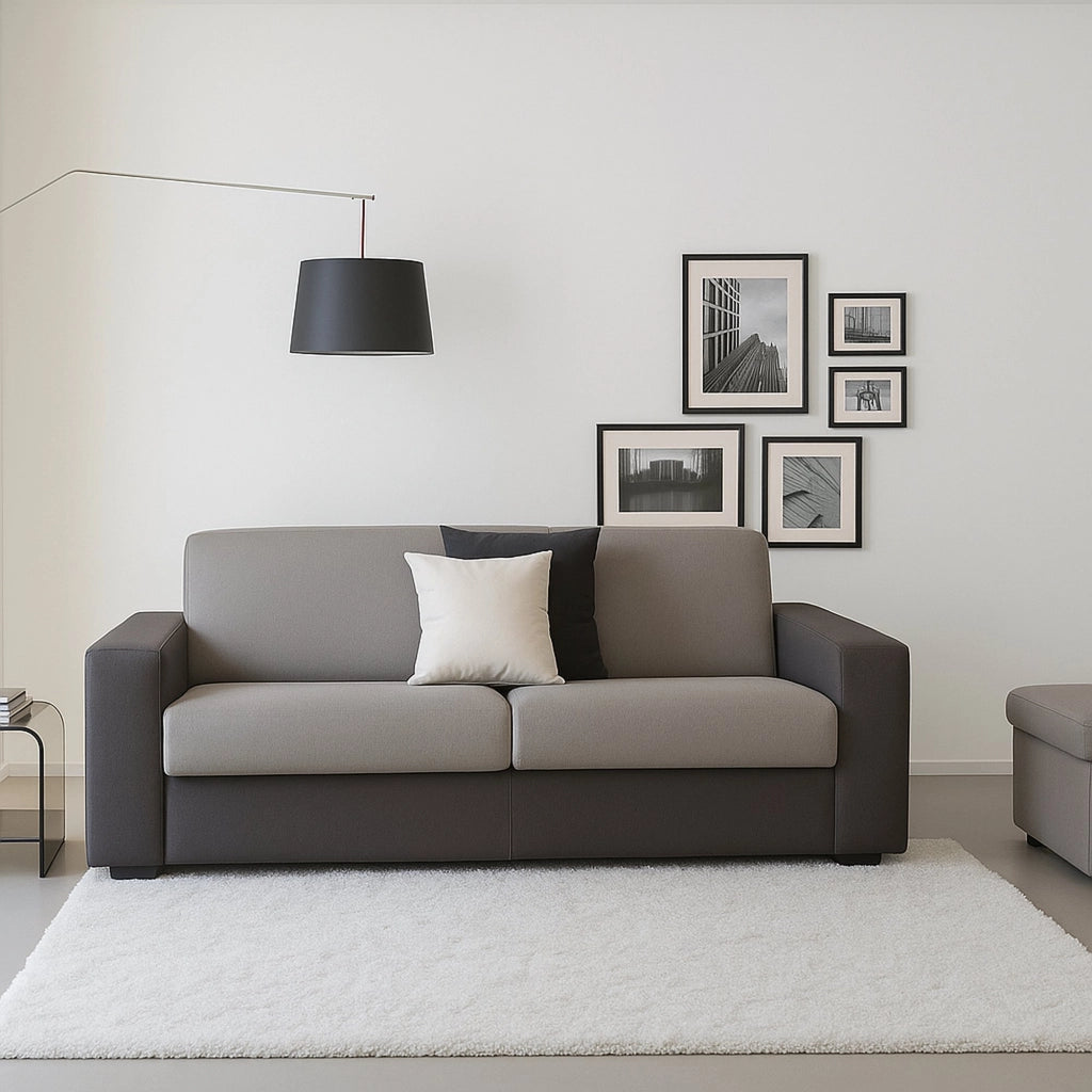Divano fisso Cianite, Divano a 2 posti Large, Made in Italy, Sofà Soggiorno, in tessuto imbottito, con Braccioli slim, cm 180x95h90, Grigio e Antracite