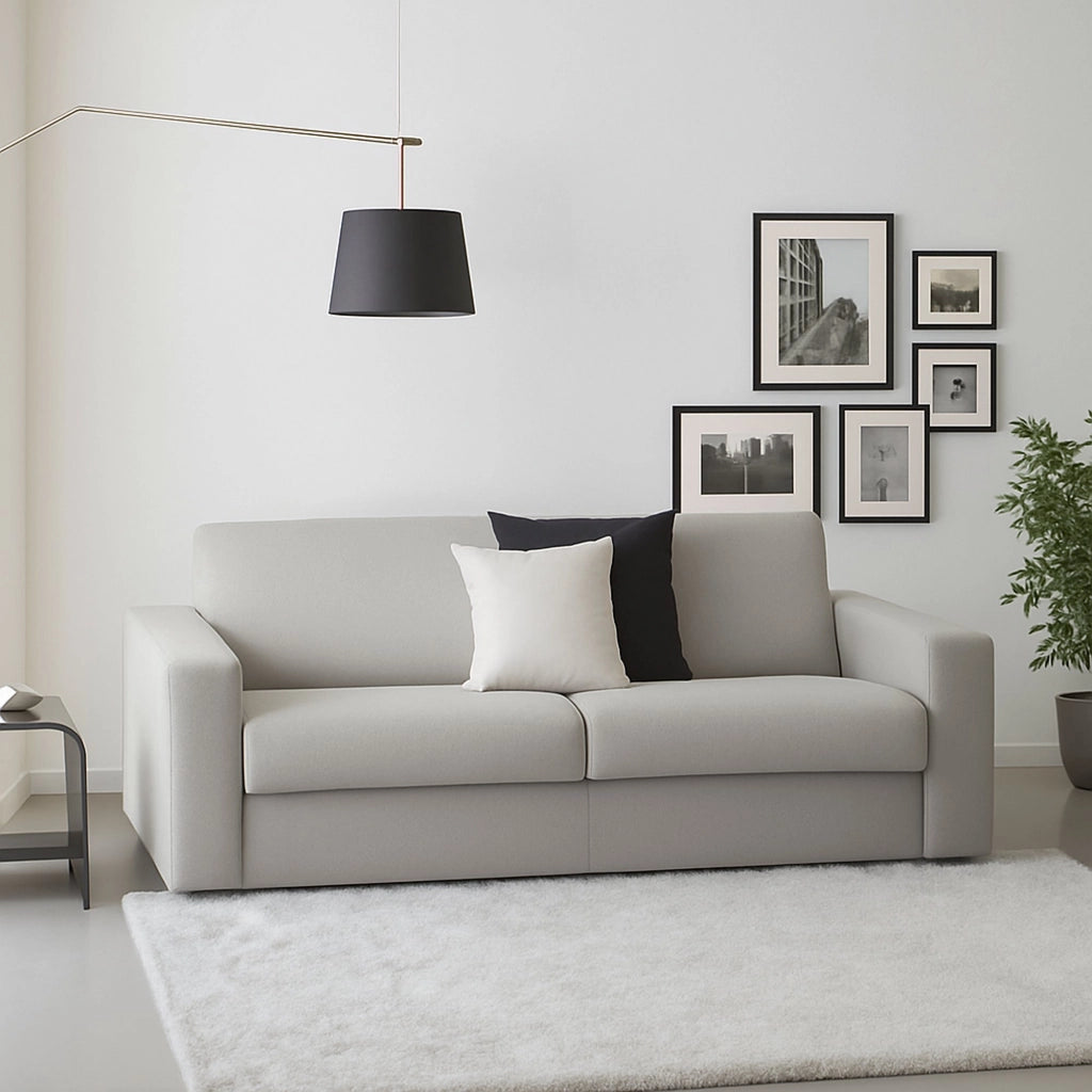 Divano fisso Cianite, Divano a 2 posti Large, Made in Italy, Sofà Soggiorno, in tessuto imbottito, con Braccioli slim, cm 180x95h90, Grigio