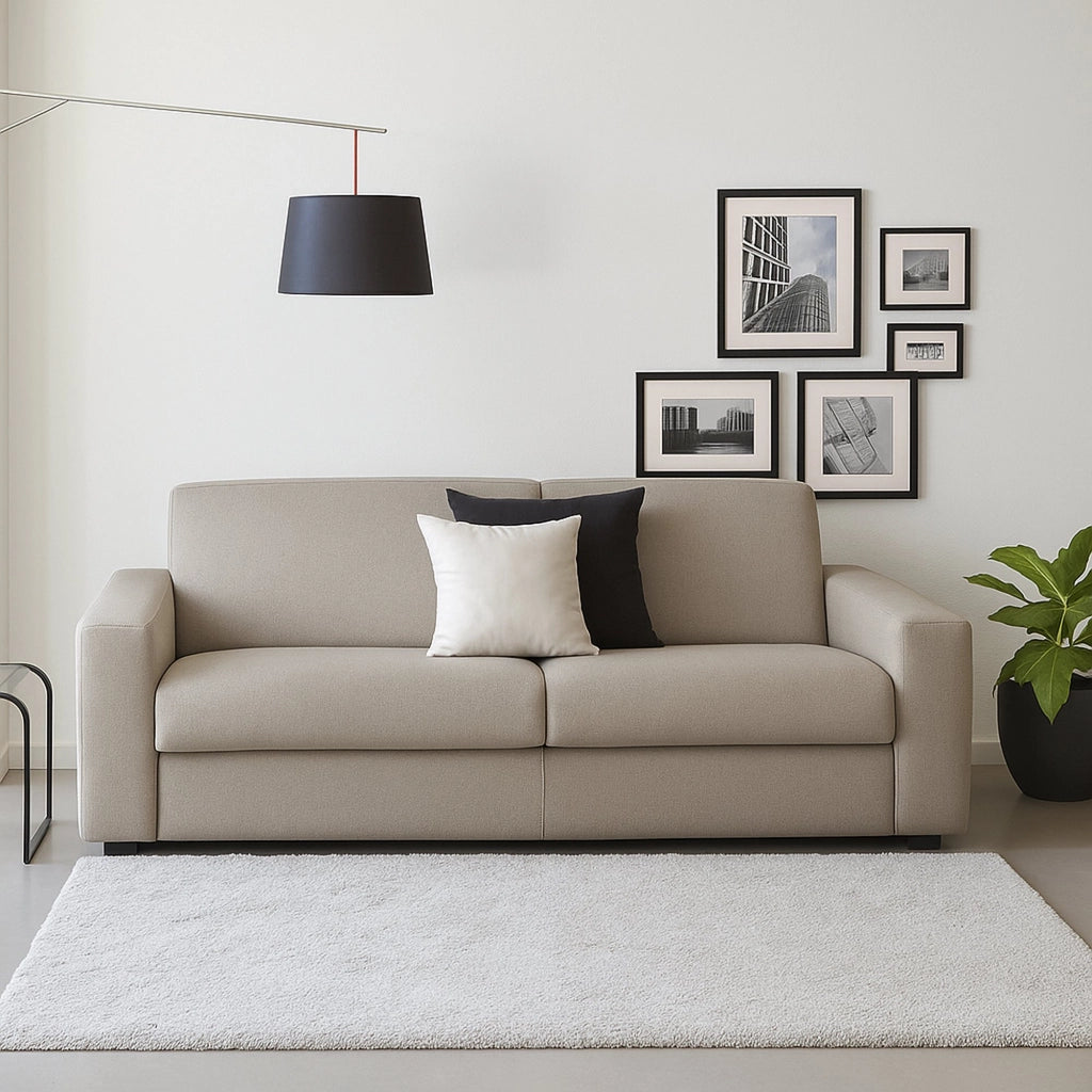 Divano fisso Cianite, Divano a 2 posti Large, Made in Italy, Sofà Soggiorno, in tessuto imbottito, con Braccioli slim, cm 180x95h90, Tortora