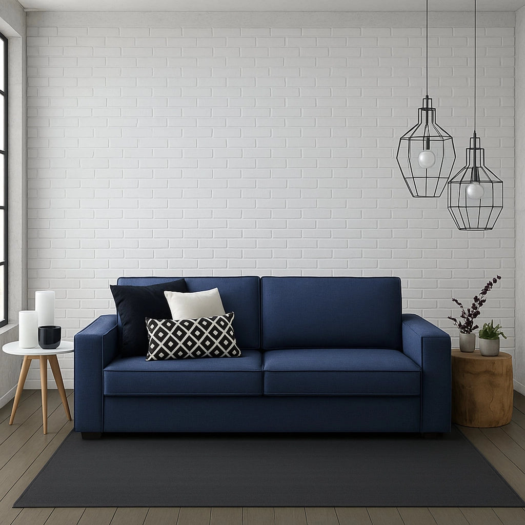 Divano fisso Diopside, Divano a 3 posti, Made in Italy, Sofà Soggiorno in tessuto, con Braccioli standard, cm 220x95h90, Blu