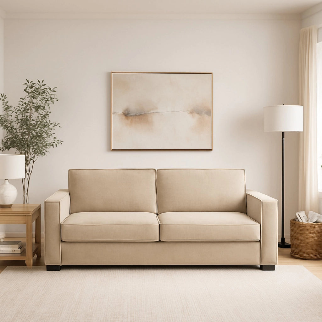 Divano fisso Eletta, Divano a 2 posti Large, Made in Italy, Sofà Soggiorno in tessuto, con Braccioli standard, cm 200x95h90, Beige