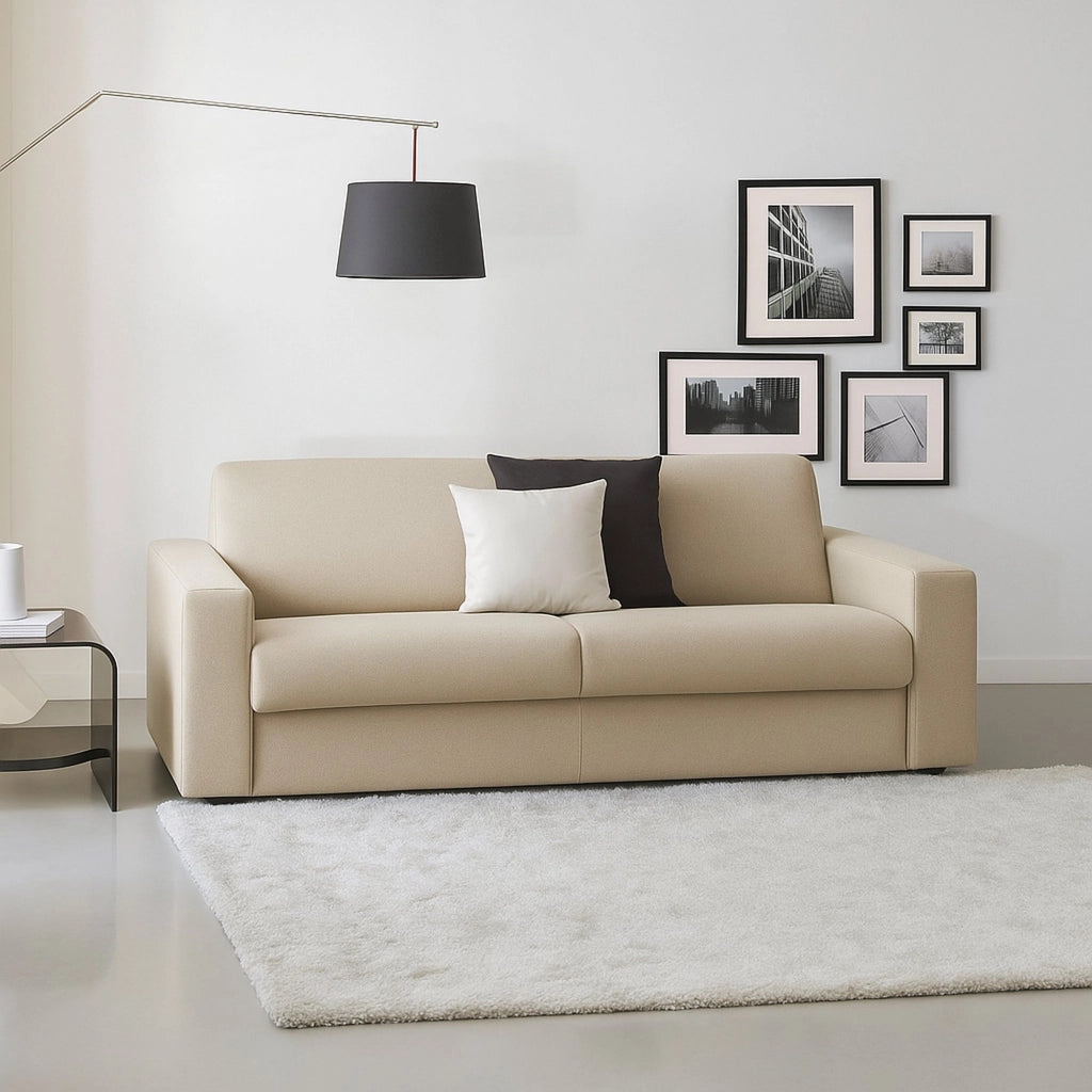 Divano fisso Larimar, Divano a 3 posti, Made in Italy, Sofà Soggiorno, in tessuto imbottito, con Braccioli slim, cm 200x95h90, Beige