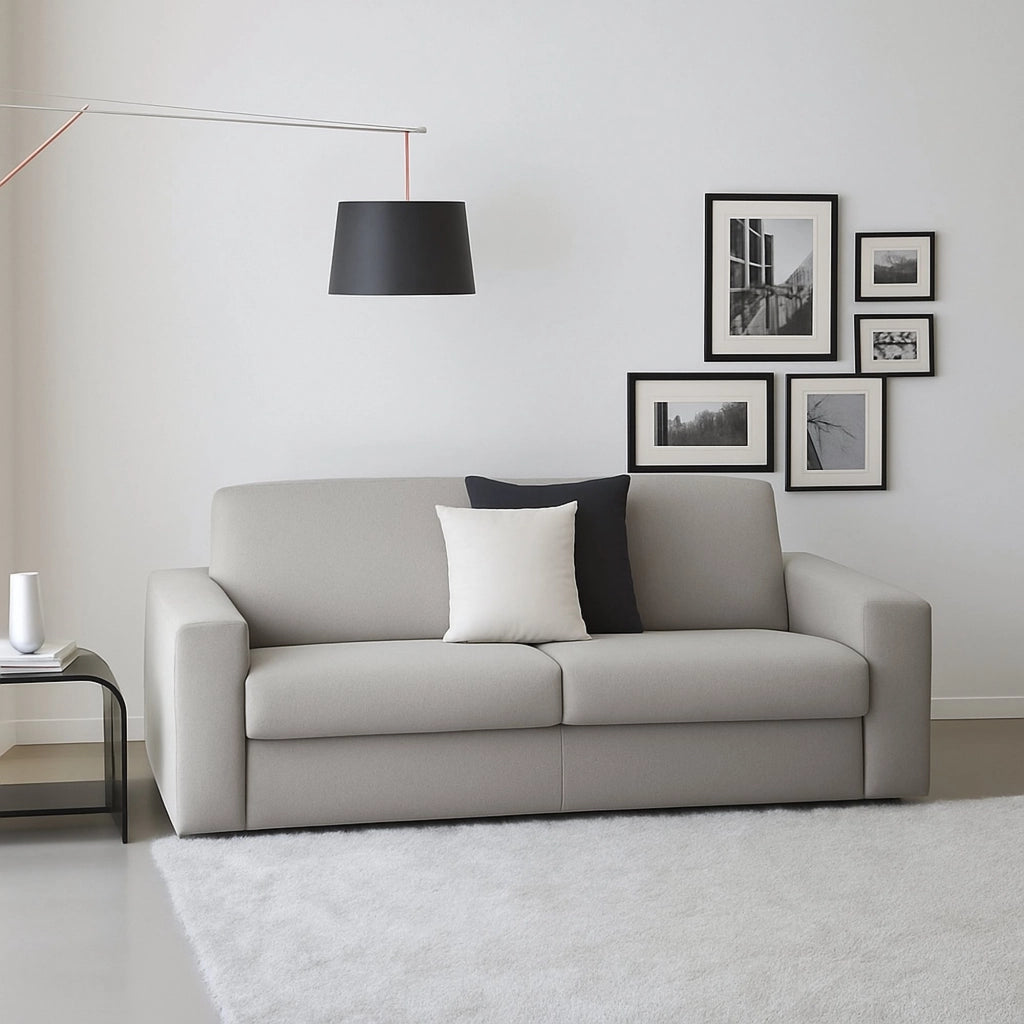 Divano fisso Larimar, Divano a 3 posti, Made in Italy, Sofà Soggiorno, in tessuto imbottito, con Braccioli slim, cm 200x95h90, Grigio