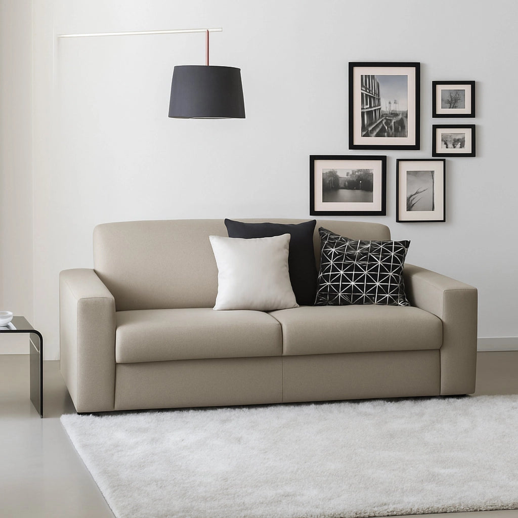 Divano fisso Larimar, Divano a 3 posti, Made in Italy, Sofà Soggiorno, in tessuto imbottito, con Braccioli slim, cm 200x95h90, Tortora