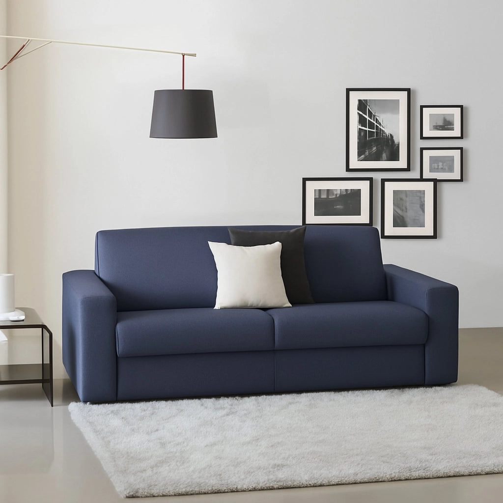 Divano fisso Larimar, Divano a 3 posti, Made in Italy, Sofà Soggiorno, in tessuto imbottito, con Braccioli slim, cm 200x95h90, Blu