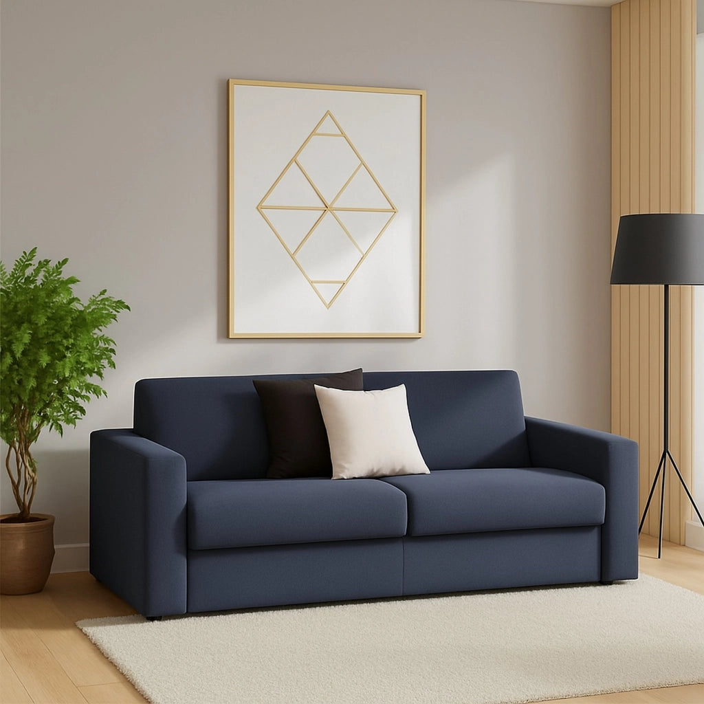 Divano fisso Malachite, Divano a 2 posti, Made in Italy, Sofà Soggiorno, in tessuto imbottito, con Braccioli slim, cm 160x95h90, Blu
