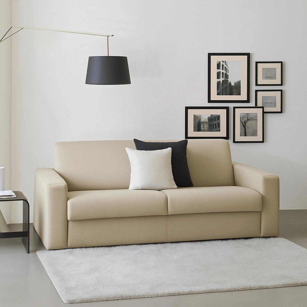 Divano fisso Malachite, Divano a 2 posti, Made in Italy, Sofà Soggiorno, in tessuto imbottito, con Braccioli slim, cm 160x95h90, Beige