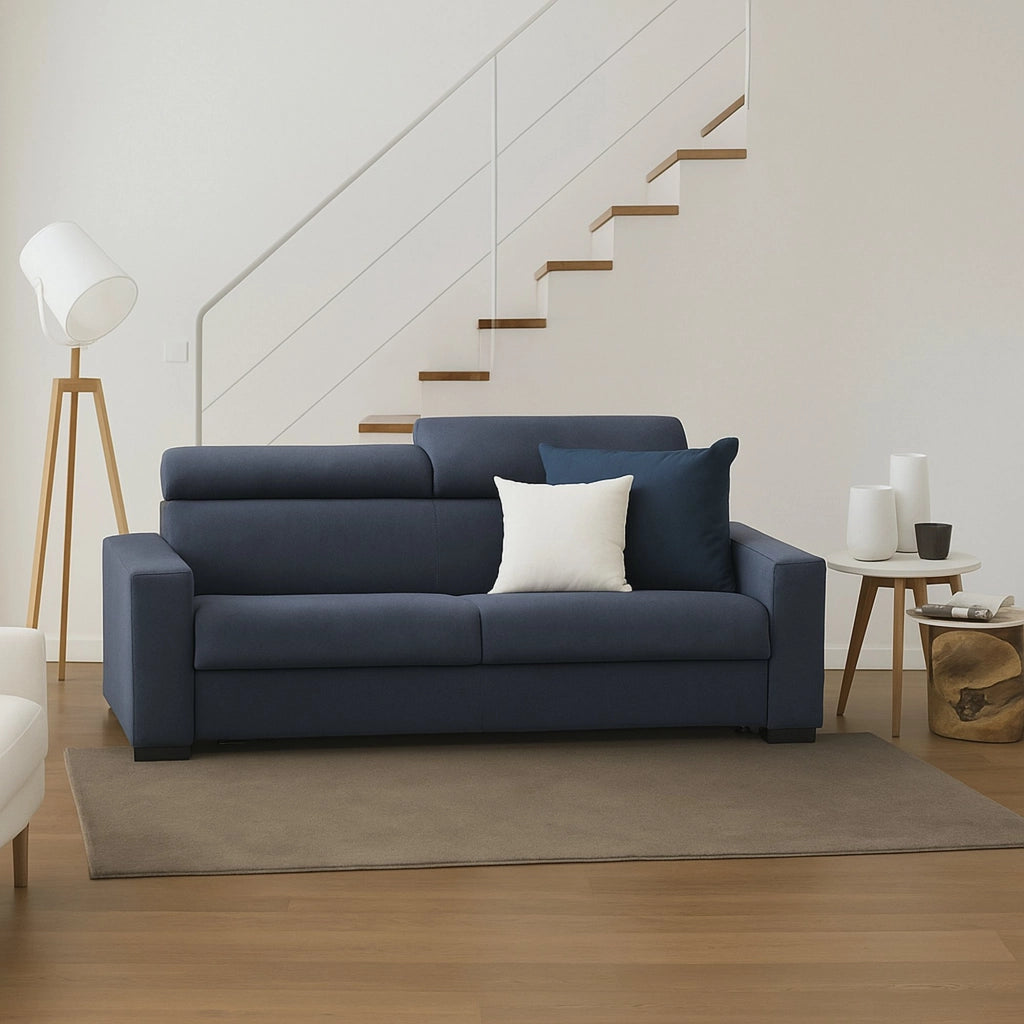 Divano fisso Matrice, Divano a 3 posti, Made in Italy, Sofà Soggiorno, in tessuto imbottito, con poggiatesta regolabili e Braccioli standard, cm 220x95h85, Blu