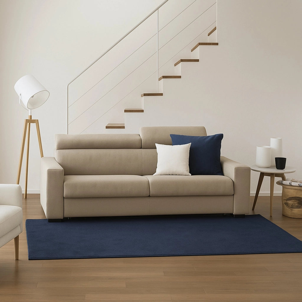 Divano fisso Matrice, Divano a 3 posti, Made in Italy, Sofà Soggiorno, in tessuto imbottito, con poggiatesta regolabili e Braccioli standard, cm 220x95h85, Beige
