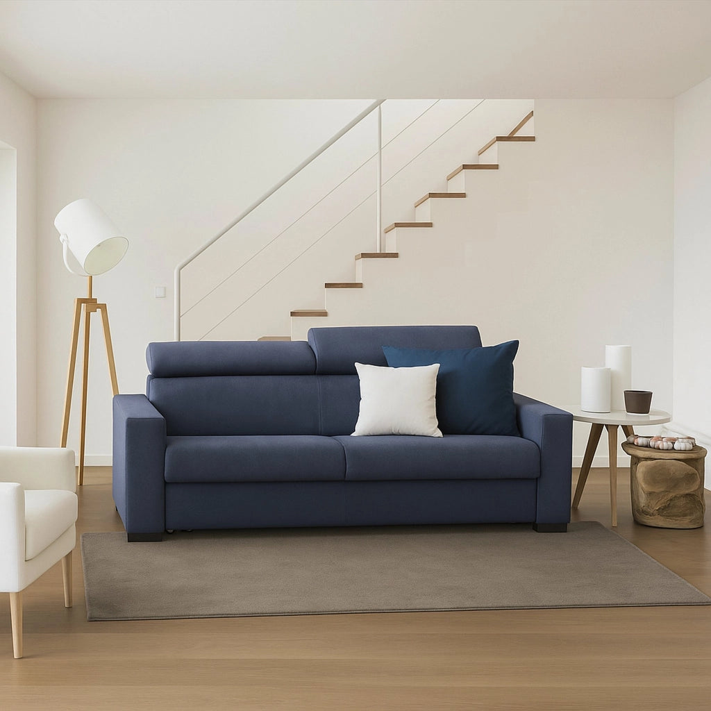 Divano fisso Schiavo, Divano a 2 posti Large, Made in Italy, Sofà Soggiorno, in tessuto imbottito, con poggiatesta regolabili e Braccioli standard, cm 200x95h85, Blu