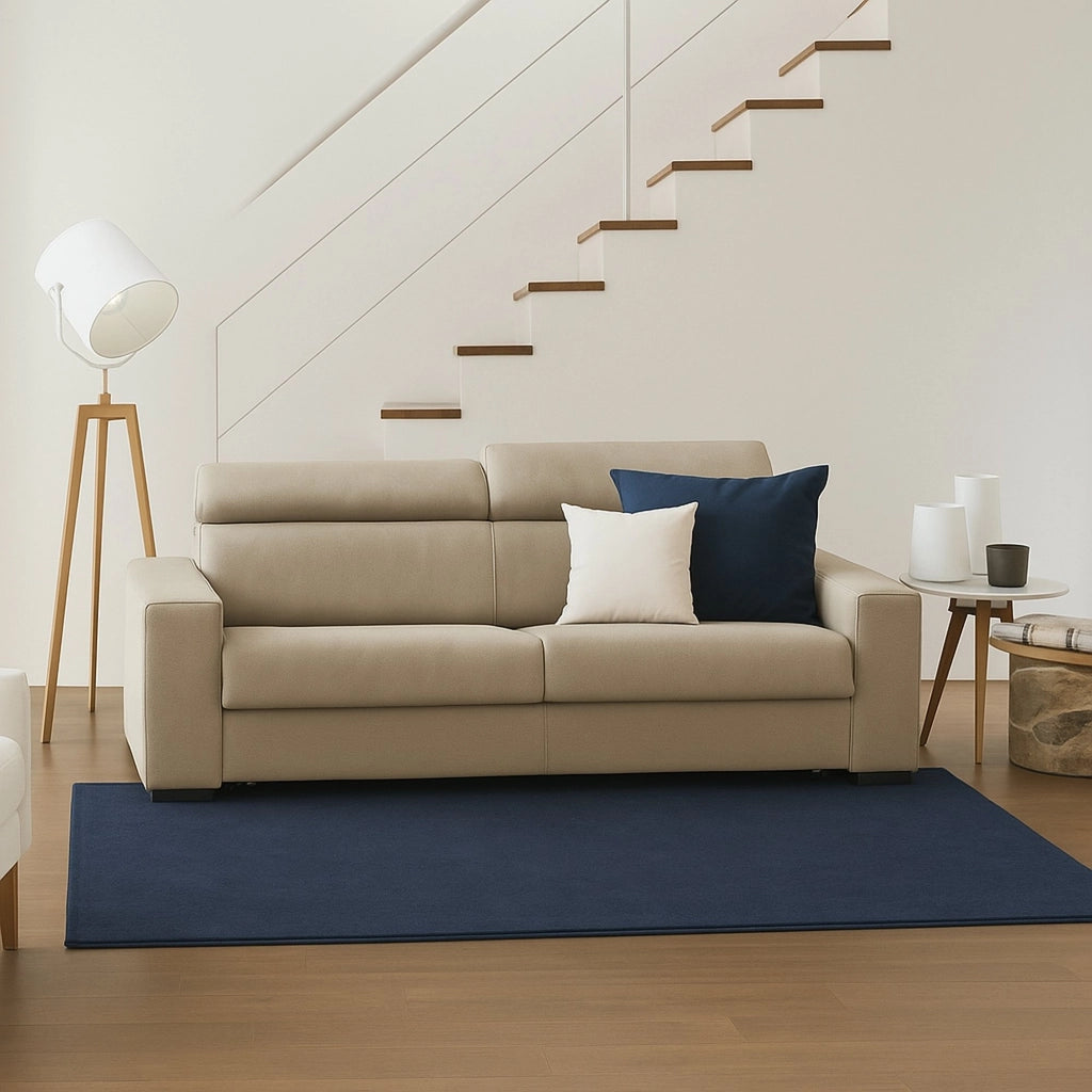 Divano fisso Vigolana, Divano a 3 posti, Made in Italy, Sofà Soggiorno, in tessuto imbottito, con poggiatesta regolabili e Braccioli slim, cm 200x95h85, Beige